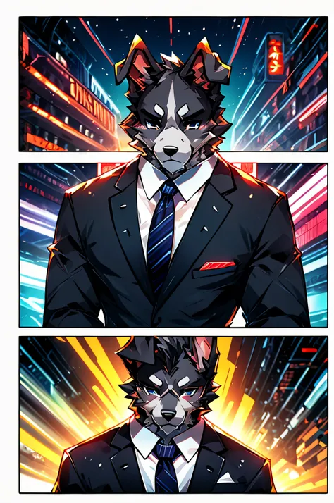 (Man in black suit and tie)comic strip、Anthropomorphic Schnauzer Dog、cyberpunked