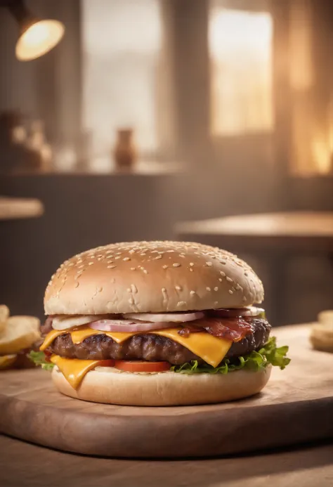 A harmburger on a wooden counter, com hiperrealismo na carne, queijo, alface e bacon,