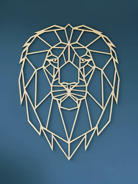 a close up of a lion head made of paper on a blue wall, polygon art, polygonal art, lion head, geometric wood carvings, laser cut, geometric art, half lion, low poly art, vector art for cnc plasma, low-poly digital art, 2 d full body lion, wood art, lion, ...