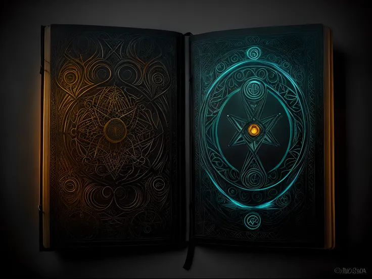 Gothic ancient open Grimoire suspended im charcoal and amber magnetic fields, in Bioluminescent Gothic style, with dark energy halos, style raw, ethereal mist.