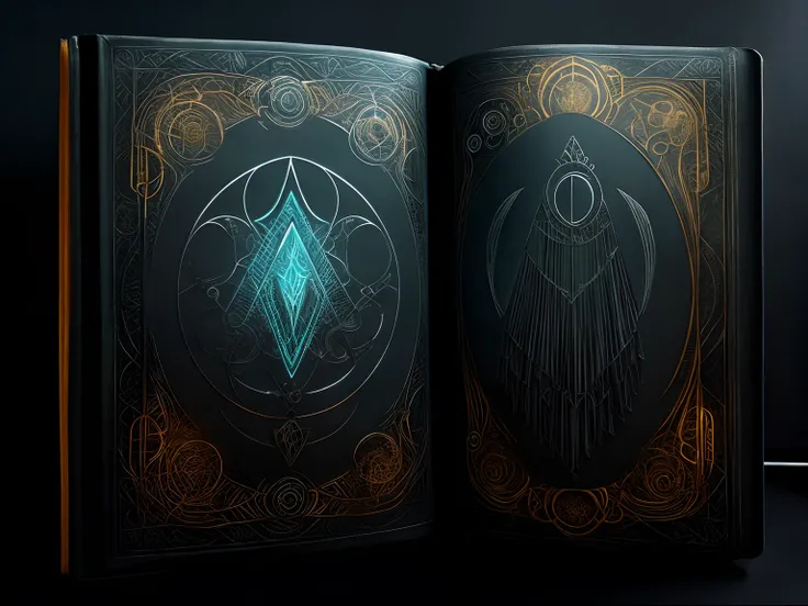 Gothic ancient open Grimoire suspended im charcoal and amber magnetic fields, in Bioluminescent Gothic style, with dark energy halos, style raw, ethereal mist.