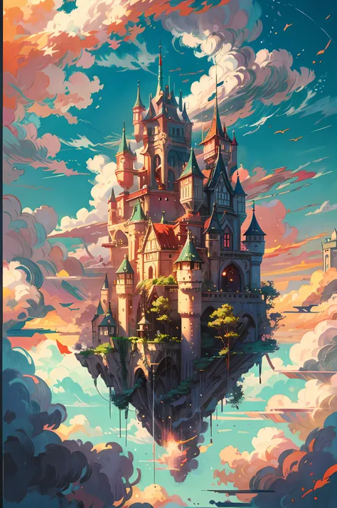 anime castle floating in the sky with a sunset in the background, flying cloud castle, palace floating in the sky, an immense floating castle, castle in the sky, castle in the sky style, flying castle, palace floating in heaven, cloud palace, abandoned cas...