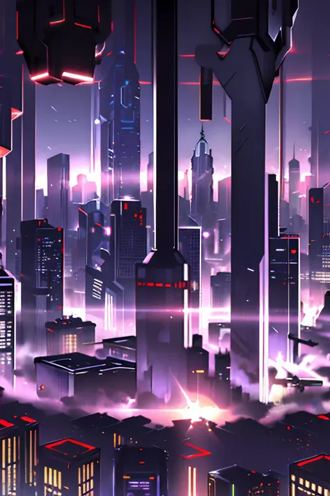 Futuristic Cyberpunk city of night, light and shadows with mirrored glass sparkling skyscrapers.