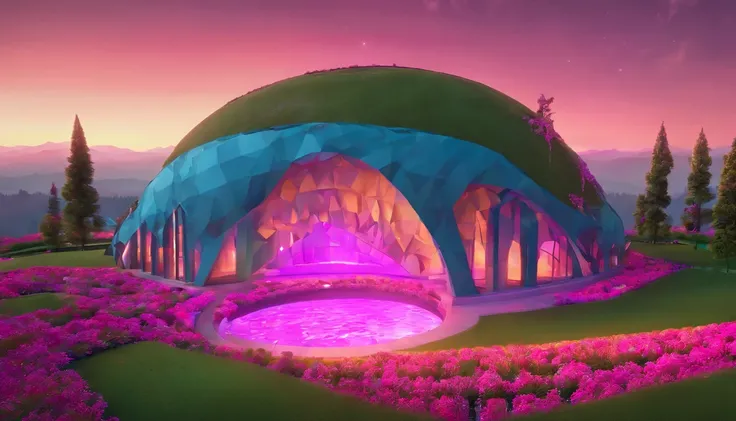 ​masterpiece, top-quality, landscapes, the panorama, frontage, glaring, Lots of magenta lights, Gorgeous spacious live stage,　near future, Contre-Jour, a cool, Fancy decoration, with no people, clean back ground, Good luster, 3d rendered