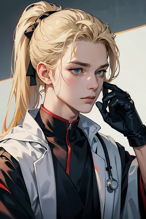 ember, Guy, slim physique, ah high, grown up, longue blonde hair, hair in a ponytail, gray eyes, higly detailed, chemist, medical gown, Gloomy, Russian, Senior, gloves, white  shirt