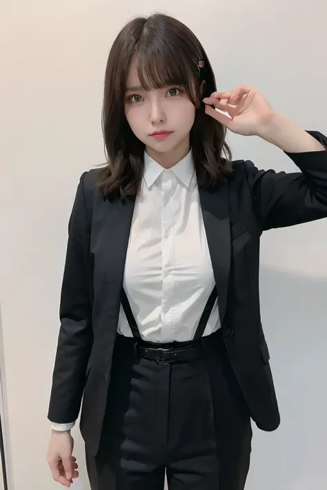 ​masterpiece、flat-colors、depth of fields、lens flare 1 girl、、Brown hair、watching at viewers　　　　a belt　black suspenders　Social OL　 huge tit　　　 　 Armpit sweat　perspiring　Side of both hands　　walls: Black Suit　Black pants, Black Jacket Slim　Pichi Pichi clothes　...