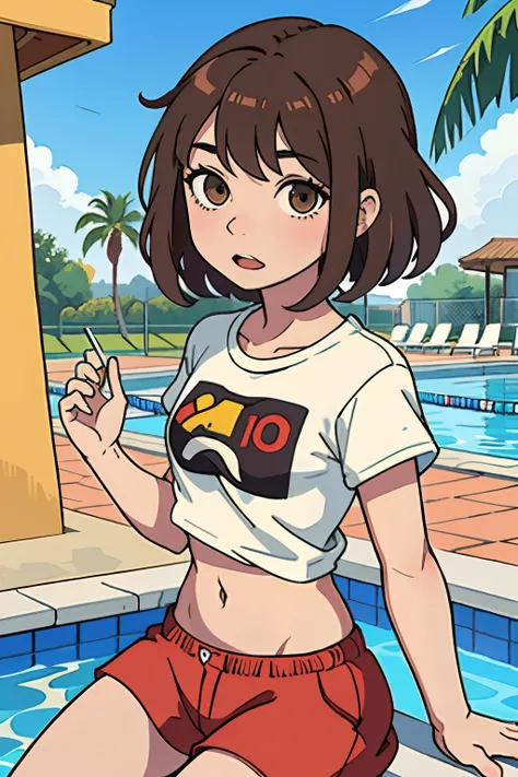 ,La mejor calidad ,por el ancho  , Caucasian anime girl max caulfield ,ojos grandes , , brown hair , feliz , , piel suave, , ojos expresivos , , , camiseta roja  , bikini , pool