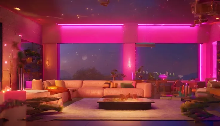 ​masterpiece, top-quality, landscapes, the panorama, frontage, glaring, Lots of magenta lights, inside in room, Fancy spacious live stage,　near future, Contre-Jour, a cool, Fancy decoration, with no people, clean back ground, Good luster, 3d rendered