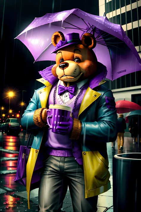 Freddy Fazbear in fashion clothes being sad in the rain holding purple juice in a cup