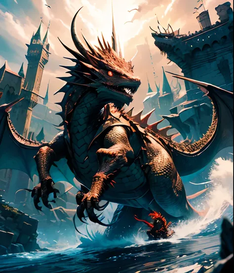 Dragon attacking castle