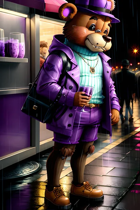 Freddy Fazbear in fashion clothes being sad in the rain holding purple juice in a cup