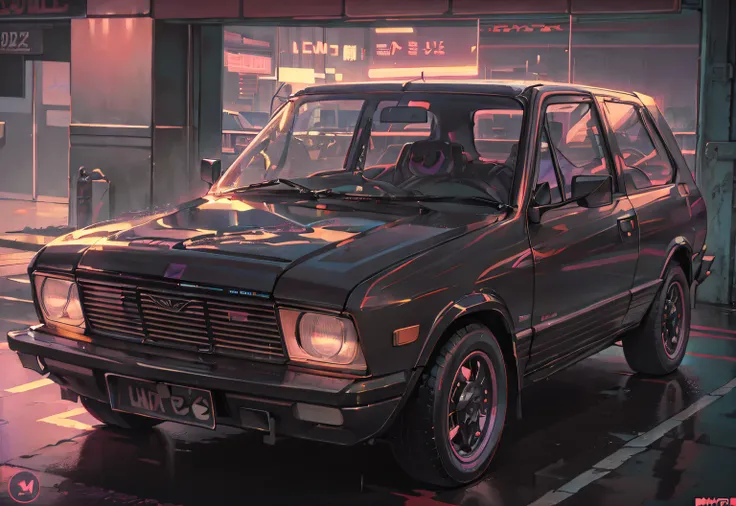 retrowave. city, Yugo 45 Zastava car, wide body kit, road,  purple neon lights, sun, mountain, 
(masterpiece,detailed,highres), headlights tutned on, rain, wet asphalt, neon colours