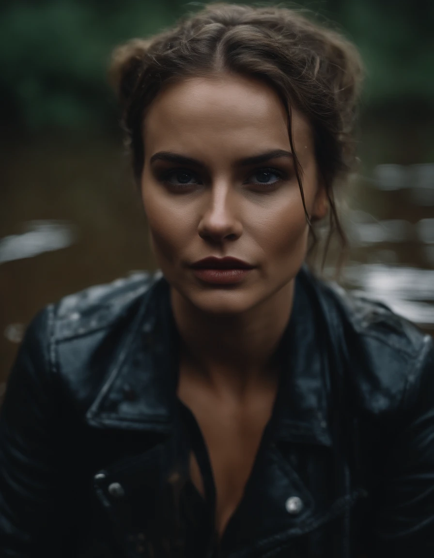 (Cadre dynamique:1.2), A woman tormented by lust drowns in front of a mud swamp. (She smears swamp mud sensually across her chest:1.3). She is dressed in jeans and a leather jacket. The hair is gathered in a loose bun.