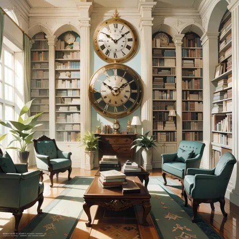 Architectural digest photo of study with lots of bookcases, surreal surrealism, award-winning masterpiece with incredible detail, wall clock, houseplants