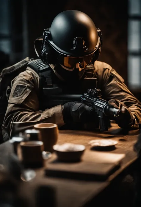 Special forces operator laser engraving a coffee mug