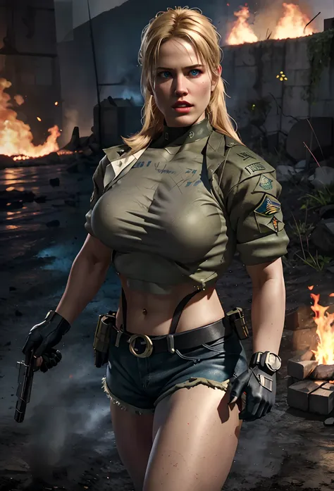 sonya blade,dark blue eyes, massive perfect breast, muscular body, wearing military shorts,in battlefield, center of field,fire,...