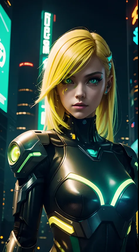 cyborg girl, robot hand, green eyes, cyberpunk city background, neon light, yellow hair, masterpiece, ultra high details