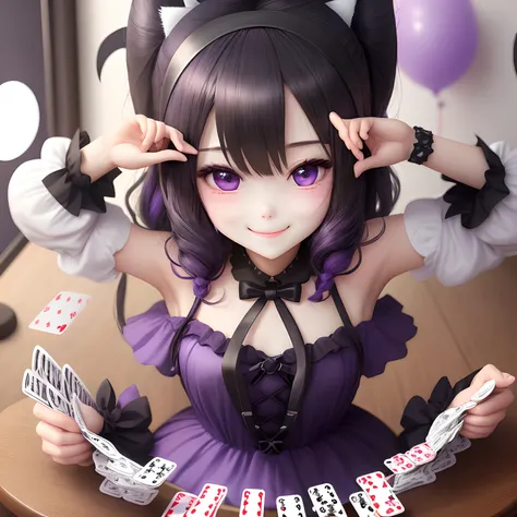 Bat headband、Cool One Girl、Shy smile、Black and white hair、Purple clothes、ren、There are playing cards、soio、独奏、up of face