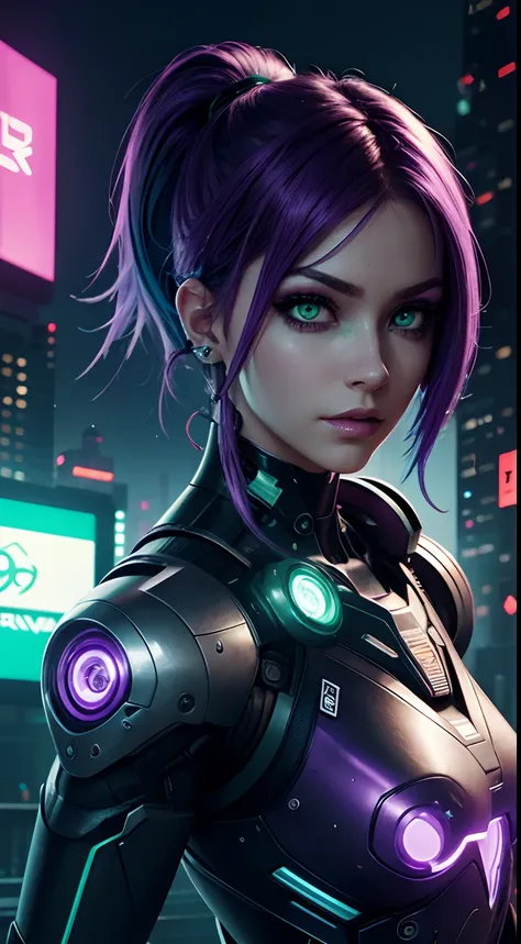 cyborg girl, robot hand, green eyes, cyberpunk city background, neon light, purple hair, masterpiece, ultra high details