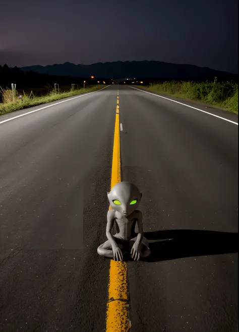 Gray alien hiding on road at night