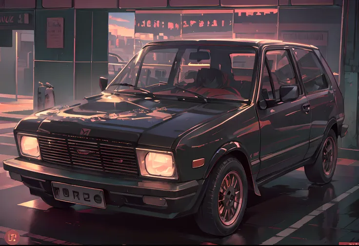 retrowave. city, Yugo 45 Zastava car, wide body kit, road,  purple neon lights, sun, mountain, 
(masterpiece,detailed,highres),