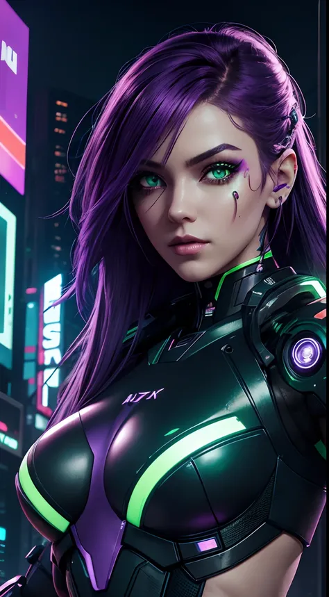 cyborg girl, robot hand, green eyes, cyberpunk city background, neon light, purple hair, masterpiece, ultra high details