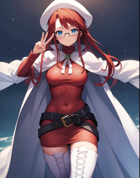 summonnightaty, aty, long hair, blue eyes, red hair, beret, hat, glasses,
BREAK long hair, thighhighs, hat, dress, boots, glasses, belt, cape, sweater, zettai ryouiki, beret, thigh boots, white footwear, ribbed sweater, loose belt,,
BREAK looking at viewer...