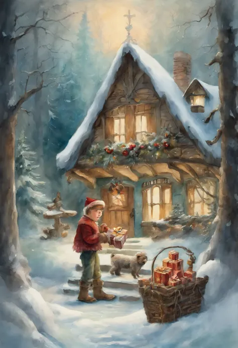 Fairytale landscape ,Portrait of a 9-year-old boy with short hair, holding a gift from Santa Claus near a fabulous two-story house,Brown & Turquoise Home Painting, in a snowy forest setting, surreal, ethereal, dreamy, mysterious, Fantasy, Highly detailed