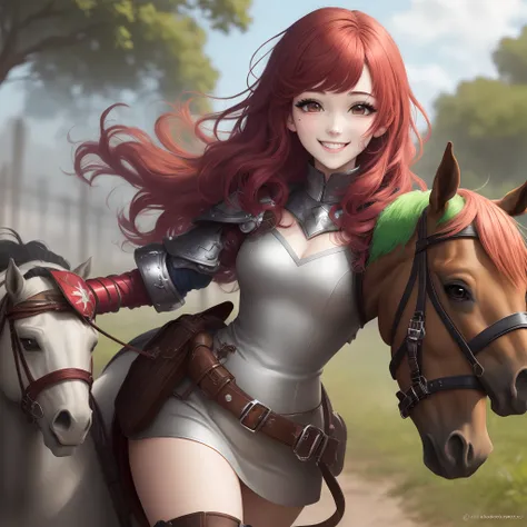 Chica anime de cabello rojo atado a una cola de caballo con ojos verdes y con una armadura sencilla y con una bella sonrisa