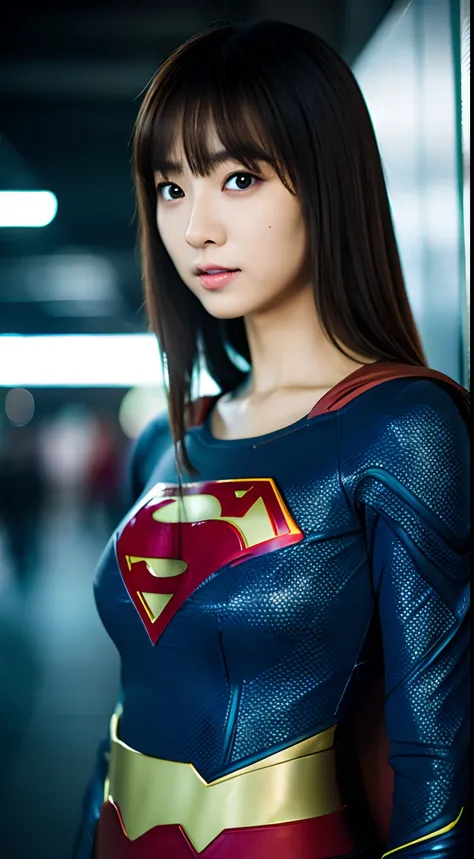 1girl in, japanese beautiful woman,(Supergirl Suit), superman logo, Brown hair,(((Wolfcut))),Slim body,full-shot, Standing Pose, frombelow, looking at the viewers, natta, 城市, Sateen, cyberpunk vibe, Dark Scene, dark ambiance, Bright neon, Foggy, cloudiness...