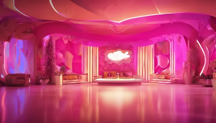 ​masterpiece, top-quality, landscapes, the panorama, frontage, glaring, Lots of magenta lights, inside in room, Fancy spacious live stage,　near future, Contre-Jour, a cool, Fancy decoration, with no people, clean back ground, Good luster, 3d rendered