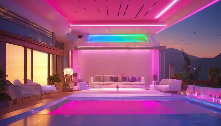 ​masterpiece, top-quality, landscapes, the panorama, frontage, glaring, Lots of magenta lights, inside the house, Fancy spacious live stage,　near future, Contre-Jour, a cool, Fancy decoration, with no people, clean back ground, Good luster, 3d rendered