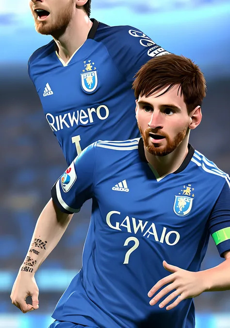 Create the ultra realistic image of the soccer player Messi playing with the shirt of Grêmio de Porto Alegre