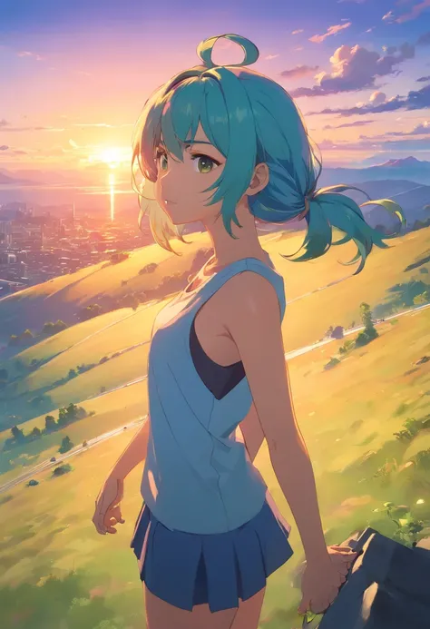 masterpiece, best quality, sunset, sky, the top of the hill, steam, game_cg, science_fiction, monster, orc, double_bun, shiny hair, multicolored hair, slit pupils ,