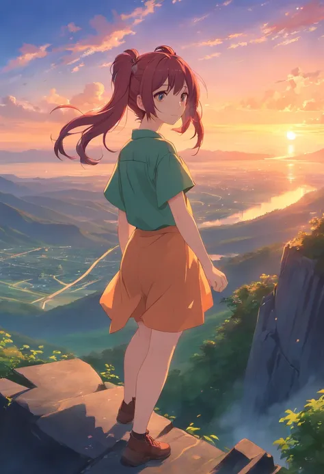 masterpiece, best quality, sunset, sky, the top of the hill, steam, game_cg, science_fiction, monster, orc, double_bun, shiny hair, multicolored hair, slit pupils ,