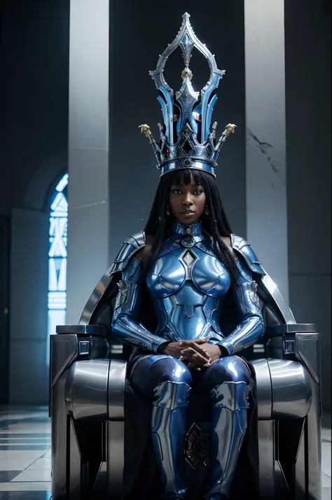 Wide angle shot of african futuristic palace with blue african designs on it, African king and African queen sitting on the throne, metallic chrome bodyguard androids holding futuristic spears, standing next to the king and queen, anime art, afrofuturism a...