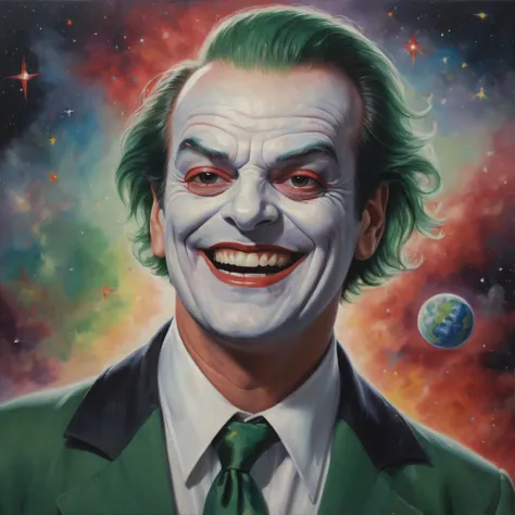 Half body image, portrait of Jack Nicholson 1989 Joker, white face paint, red lipstick, green hair and eyebrows, smiling, extremely colorful, planets and stars and galaxies, in the background, Multicolored lightning, fog, and clouds, oil painting on canvas