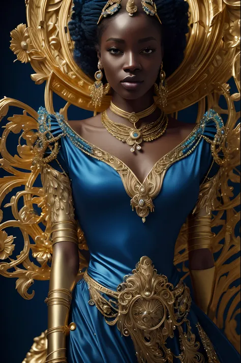 a close up of a woman in a blue dress with gold accents, inspired by Hedi Xandt, art nouveau octane render, karol bak uhd, by Hedi Xandt, baroque digital painting, golden bodypaint, beeple and james jean, goddess. extremely high detail, dark skin female go...