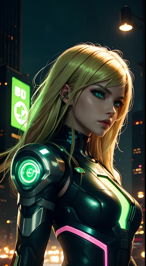 cyborg girl, robot hand, green eyes, cyberpunk city background, neon light, blonde hair, masterpiece, ultra high details