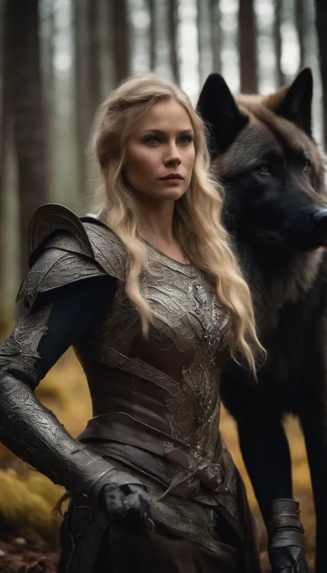 Blonde girl in armor in icy forest，Next to it is a large brown wolf in armor