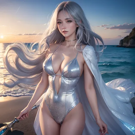 CG anime-style illustration of a mature and cool woman with soft wavy silver hair on a star-filled beach at night. Her eyes are noticeably larger, adding to her enchanting presence. Shes dressed in white wizard attire, casting ice magic. A magical staff is...