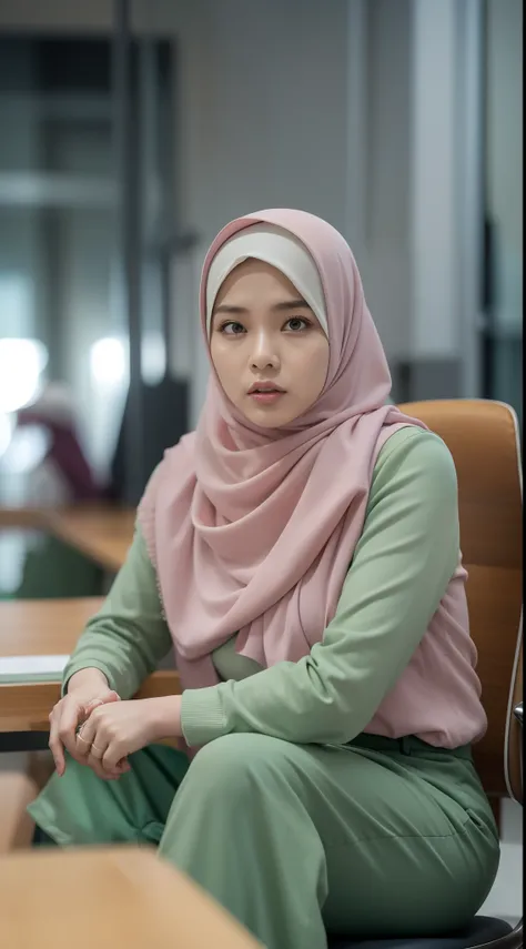 Beautiful fair skin matured malay girl in hijab seating in meeting room angry, 45 years old, milf, angry pose, angry face, meeting room, morning, wearing hijab, pastel color hijab, green office outfit, green suits, small tits, small breast, flat chest, wid...