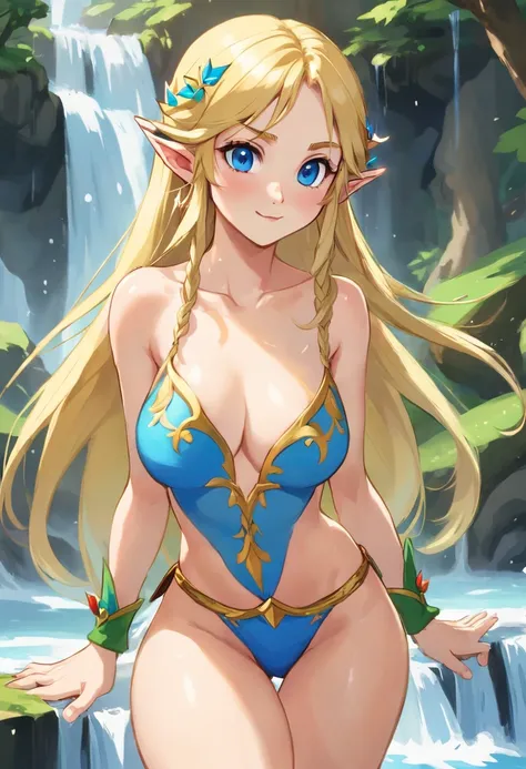 elf girl, long hair, blonde, blue eyes, medium breasts, thighs, naked, embarrassed, in a waterfall, detailed skin