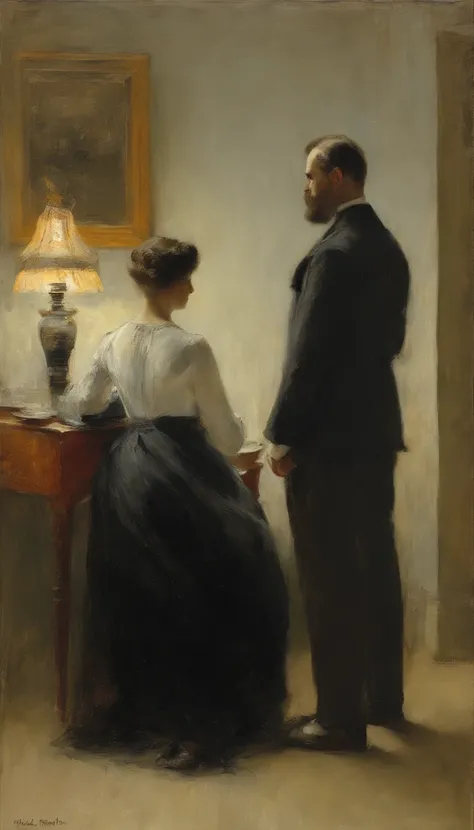 impressionism, Childe Hassam, Ramon Casas, John Atknson Grimshaw, Frederic Remington, A dimly lit room, the ambiance set with soft lighting or candles. A couple is seen from behind, taking their clothes off.  oil painting, vintage impressionism painting, m...