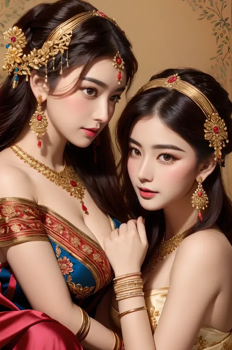 Portraits of two vibrant exotic goddesses,Silk lace,Embroidery,armlets, bangle:1.3,Ancient hair accessories,