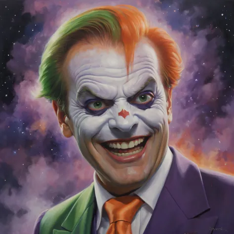 half body image, portrait of Jack Nicholson as the Joker with white face paint, red lipstick, short, green hair and eyebrows, shadowed eyes, Laughing maniacally, purple suit, orange vest, multicolored tie, extremely colorful, planets and stars and galaxies...