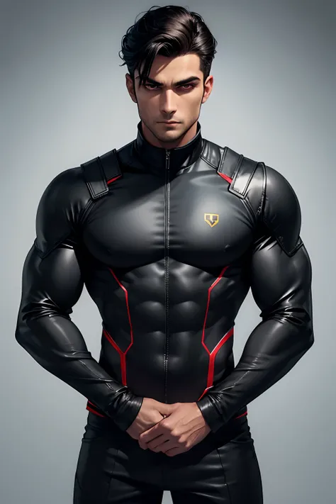 Um supe-heroi masculino, fortenas cores preto, , uniforme todo preto, com uma capa vermelha, e o uniforme preto, musculoso, roupa colada, hommelander