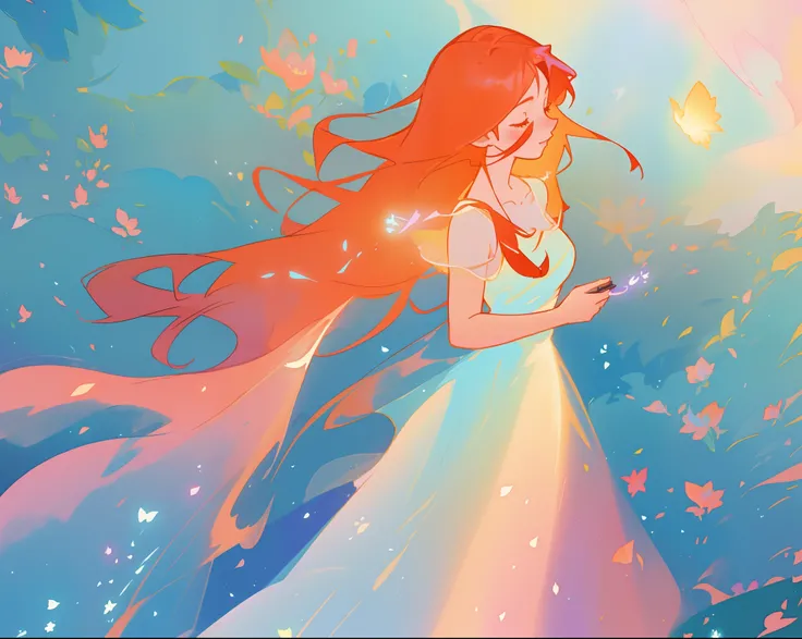 beautiful girl in flowing shimmering dress, fairy dress, long red hair, magical, whimsical, watercolor illustration, flowers and colorful plants, inspired by Glen Keane, inspired by Lois van Baarle, disney art style, by Lois van Baarle, glowing aura around...