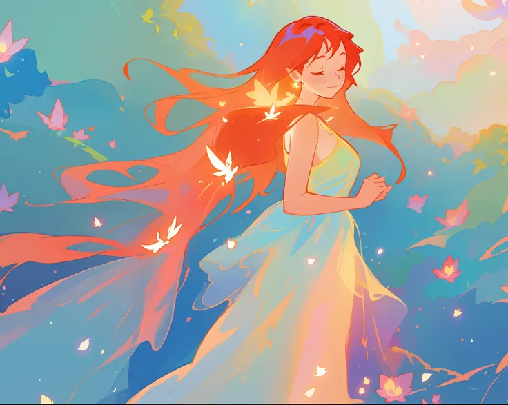 beautiful girl in flowing shimmering dress, fairy dress, long red hair, magical, whimsical, watercolor illustration, flowers and colorful plants, inspired by Glen Keane, inspired by Lois van Baarle, disney art style, by Lois van Baarle, glowing aura around...