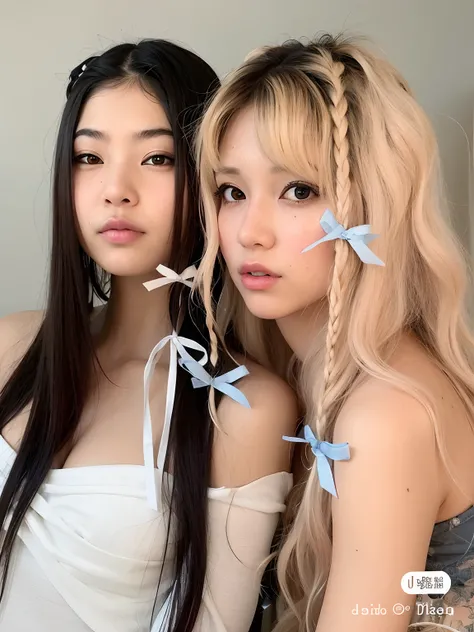 Two Asian women with long hair and blue bows in their hair, Ulzzang, penteado pigtails, maquiagem sul-coreana popular, dois penteados pigtails, penteado twintails, linda Delphine, maquiagem coreana popular, Nixeu e Sakimichan, Fairycore, kawaii estilo de c...